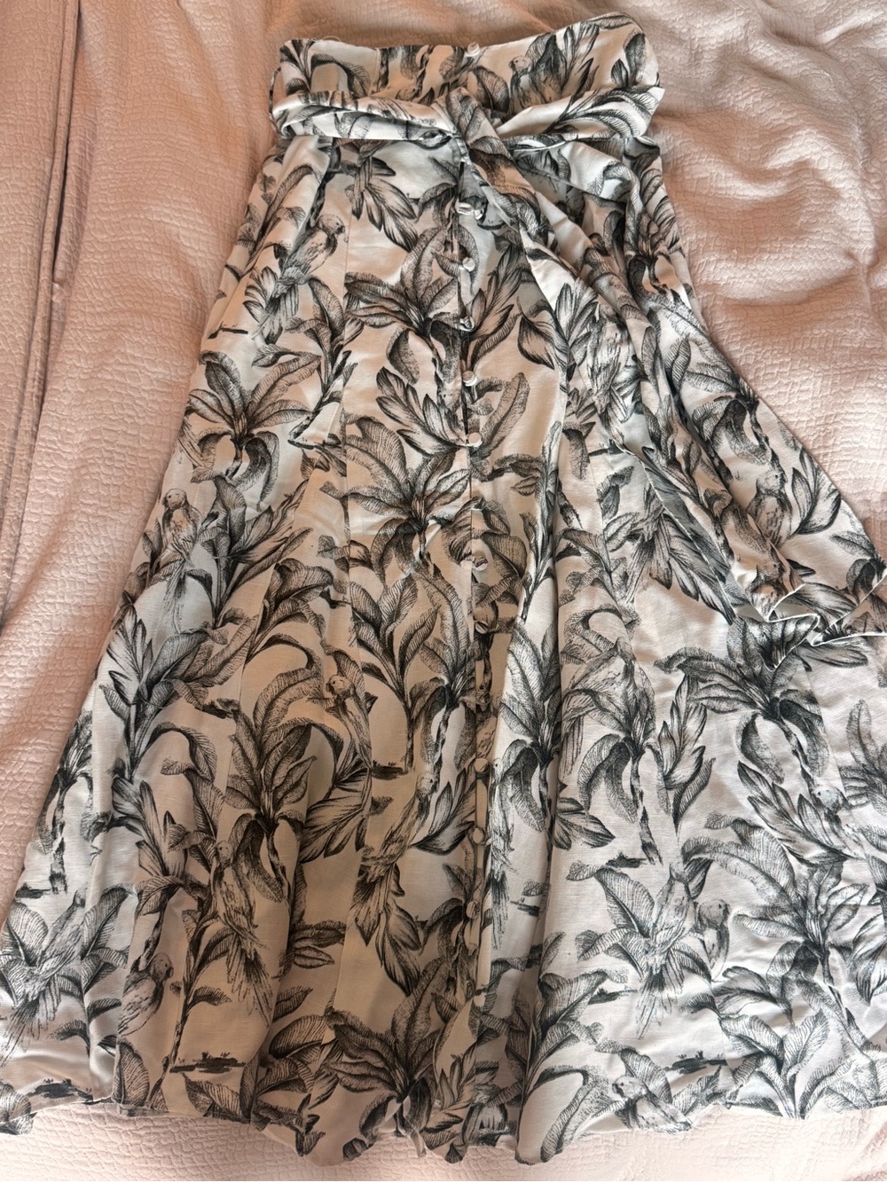 High-Waist White A-Line Floral Skirt with Black Botanical Print